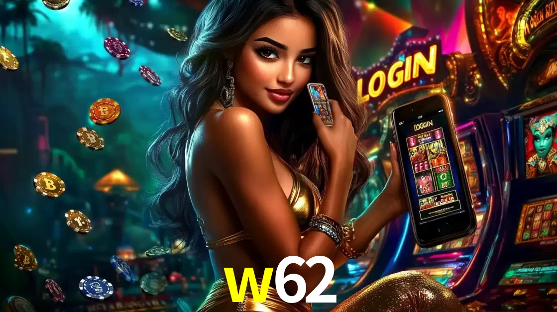 Mulher em um cenário de cassino temático de aventura, mostrando o app de caça-níqueis da w62 no celular. Fichas de apostas flutuam ao redor.