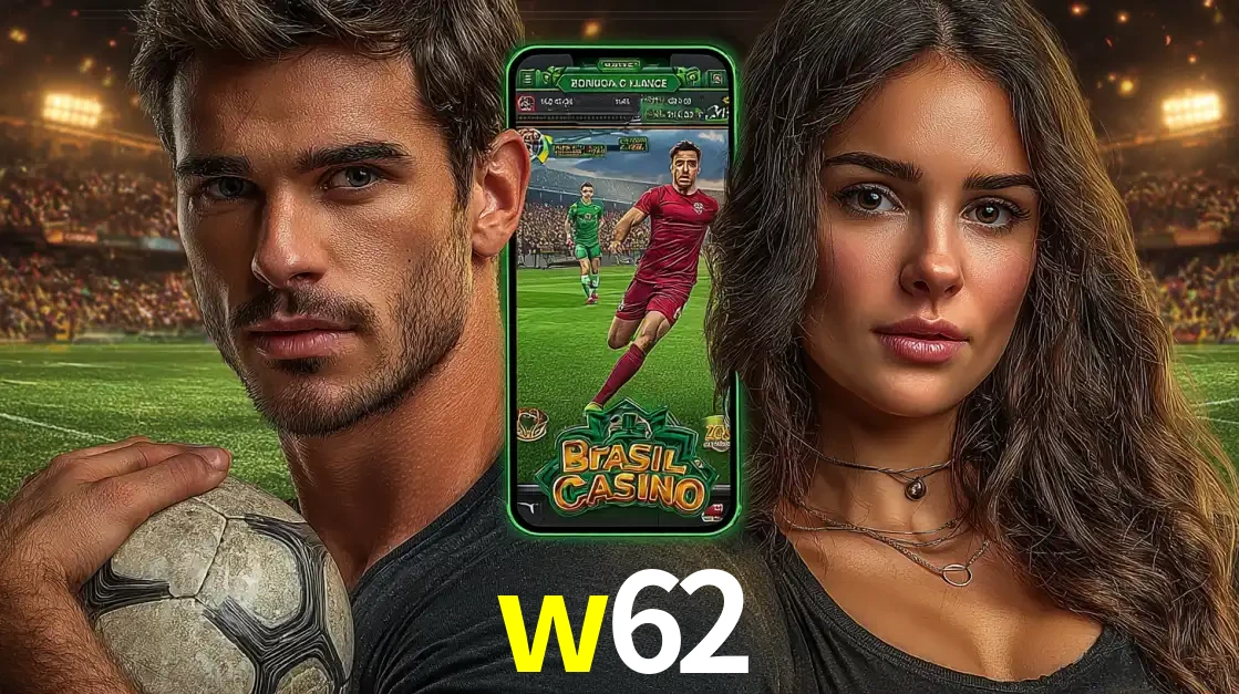 Homem segurando uma bola de futebol e uma mulher ao lado de um smartphone exibindo o jogo de apostas esportivas da w62. Faça seu palpite no cassino online.